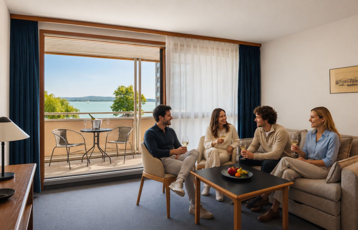 Társasággal nyaralás Tihanyban, a Club Tihany Resort kényelmes hotelszobáiban vagy bungalóiban. Ideális választás baráti társaságoknak közös balatoni pihenéshez és felejthetetlen élményekhez